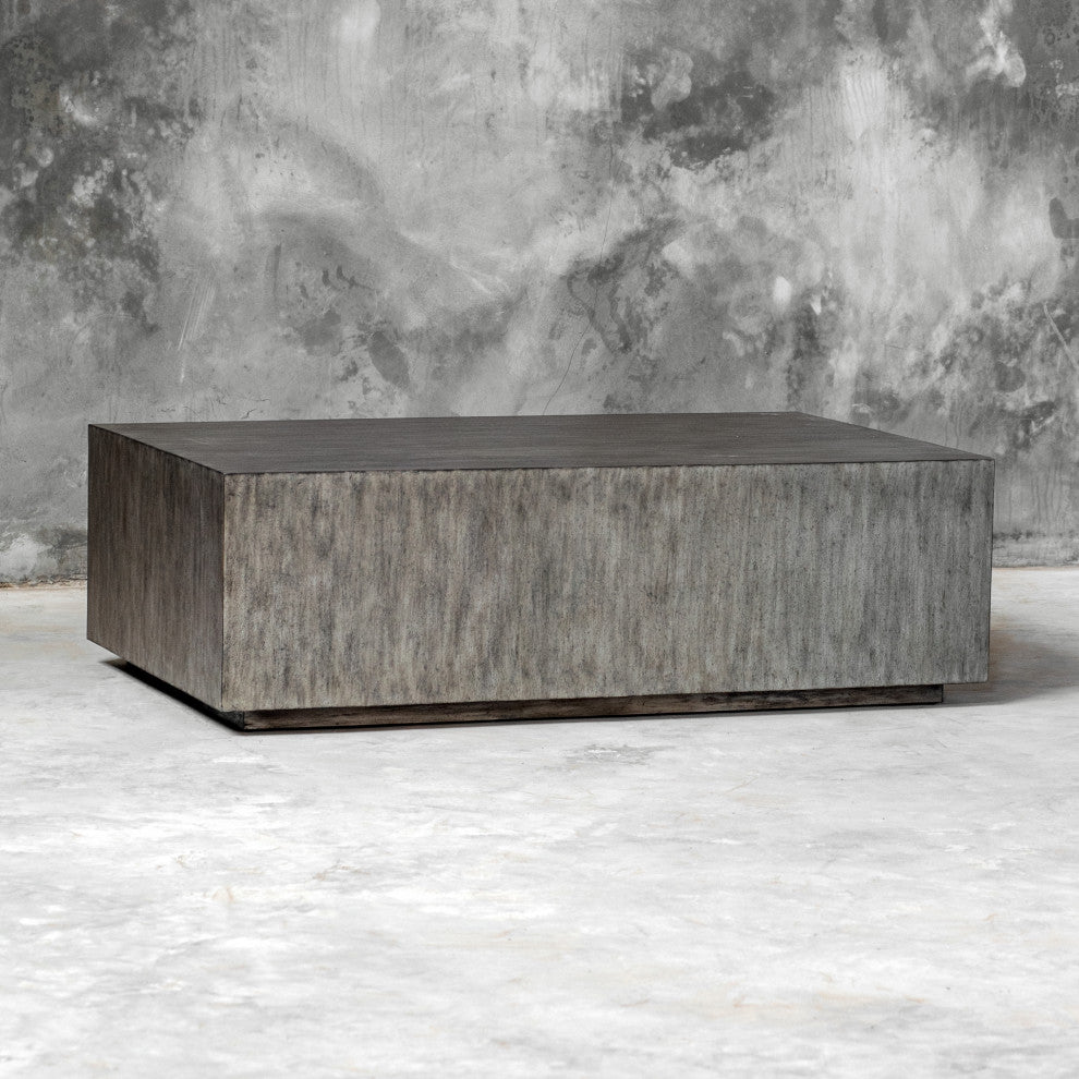 Modern Minimalist Wood Cube Block Coffee Table Solid Rectangle Gray Distressed