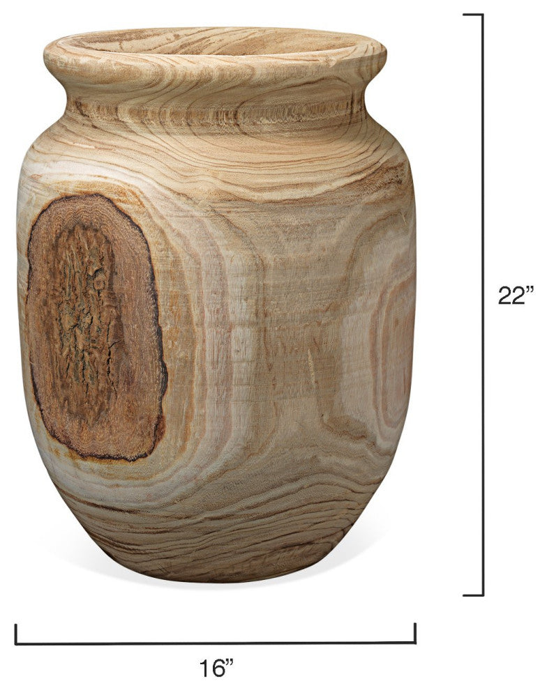 Rustic Oversize 22" Turned Wood Urn Floor Vase Raw Grain Carved Wide Mouth