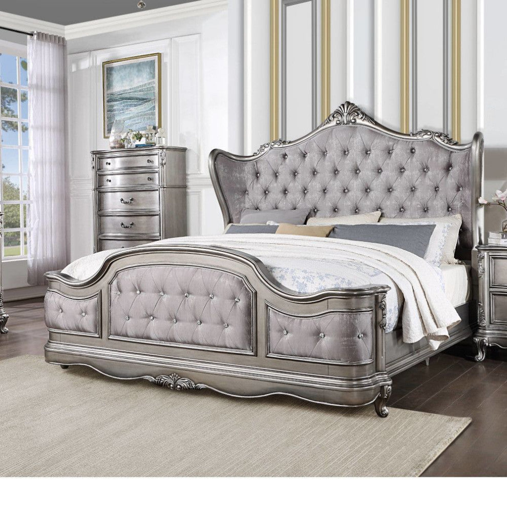 Acme Ausonia California King Bed, Velvet & Antique Platinum Finish