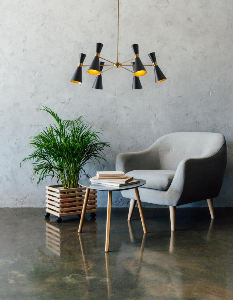 6-Light Gold Chandelier With Black Cone Shades
