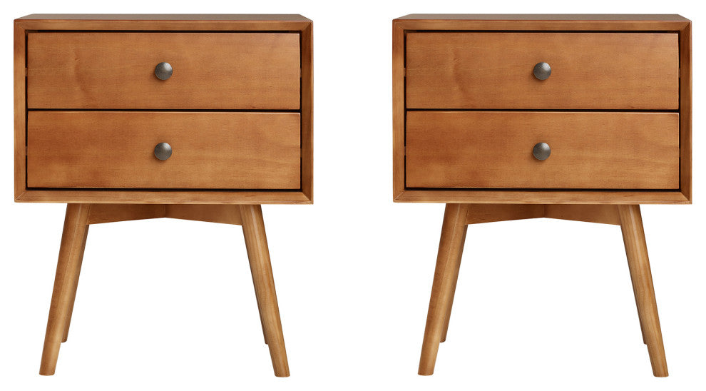 Mid Century Modern 2-Piece 2 Drawer Solid Wood Nightstand Set - Caramel