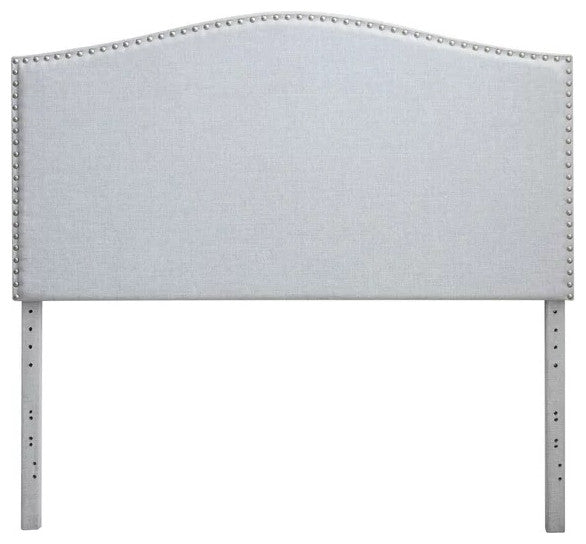 Curved Upholstered Headboard with Linen Upholstery and Silver Nailhead Trim, Light Gray, King