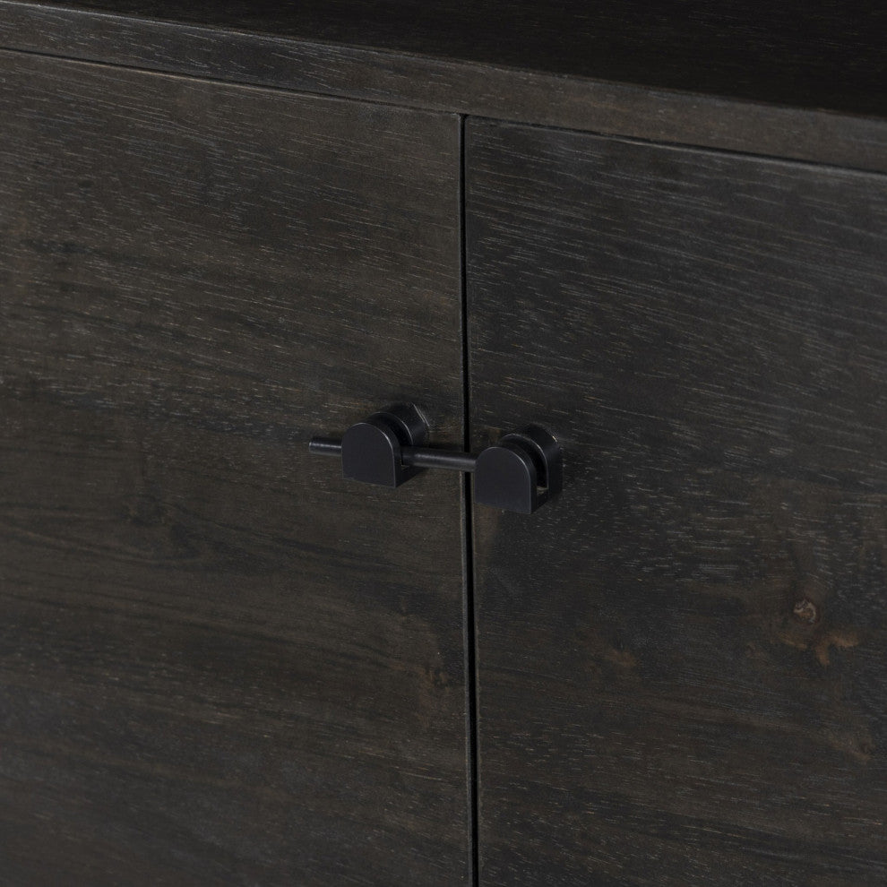 Reza Media Console Worn Black Parawood, Gunmetal Black, Worn Black Acacia