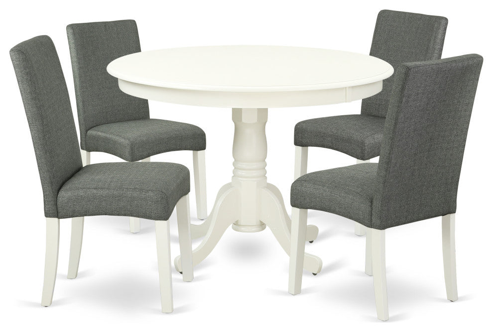5Pc Round 42" Dinette Table, Four Parson Chair, Linen White Finish Leg