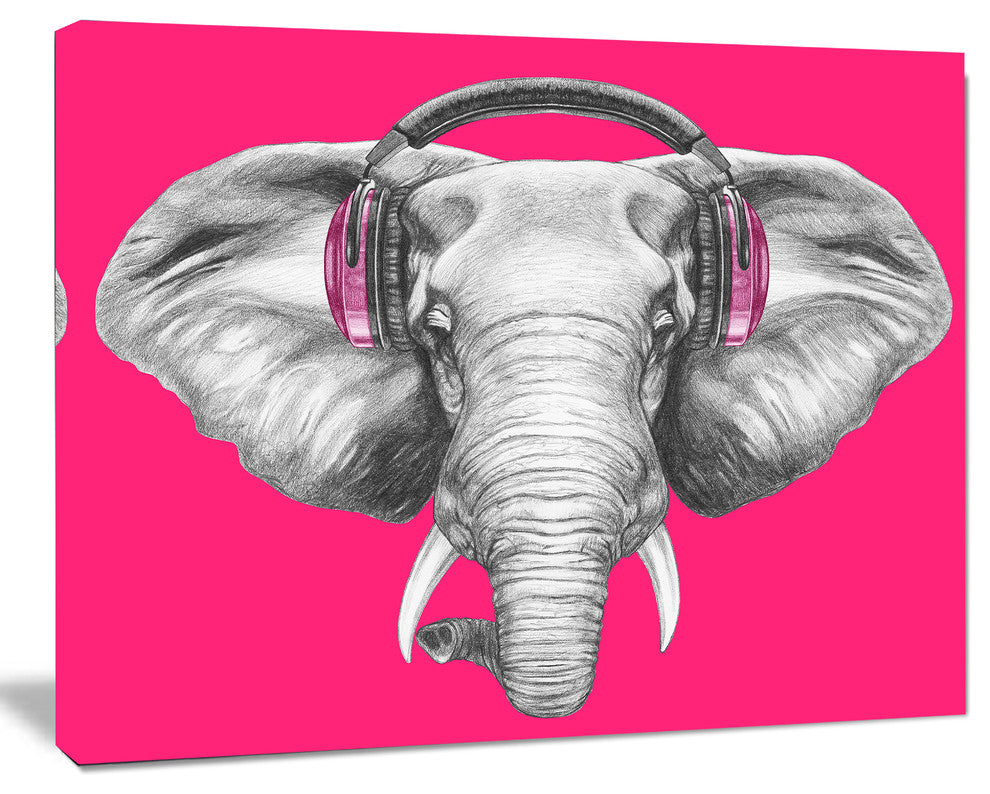 Elephant with Headphones, Contemporary Animal Art Canvas, 40"x30"