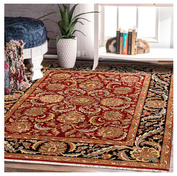 Agra Renato Persian Floral Red Black Hand Knotted Wool and Silk Rug 8'x10'