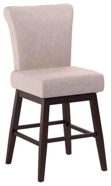 Contemporary Swivel Bar Stool, Dark Brown Birch Wood Legs & Wheat Polyester Seat