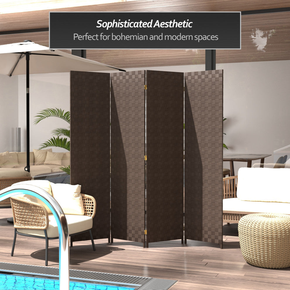 6' Tall Woven Fiber Outdoor All Weather Room Divider, 4 Panel, Dark Brown