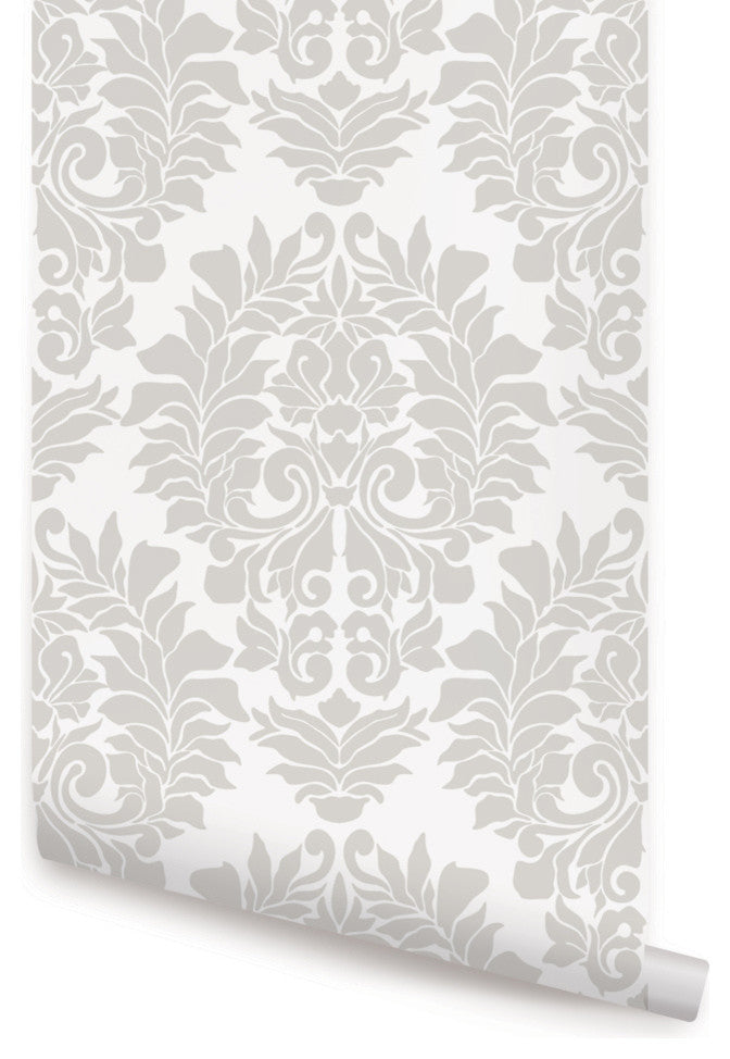Classic Damask Peel and Stick Vinyl Wallpaper, Gray, 24"w X 60"h