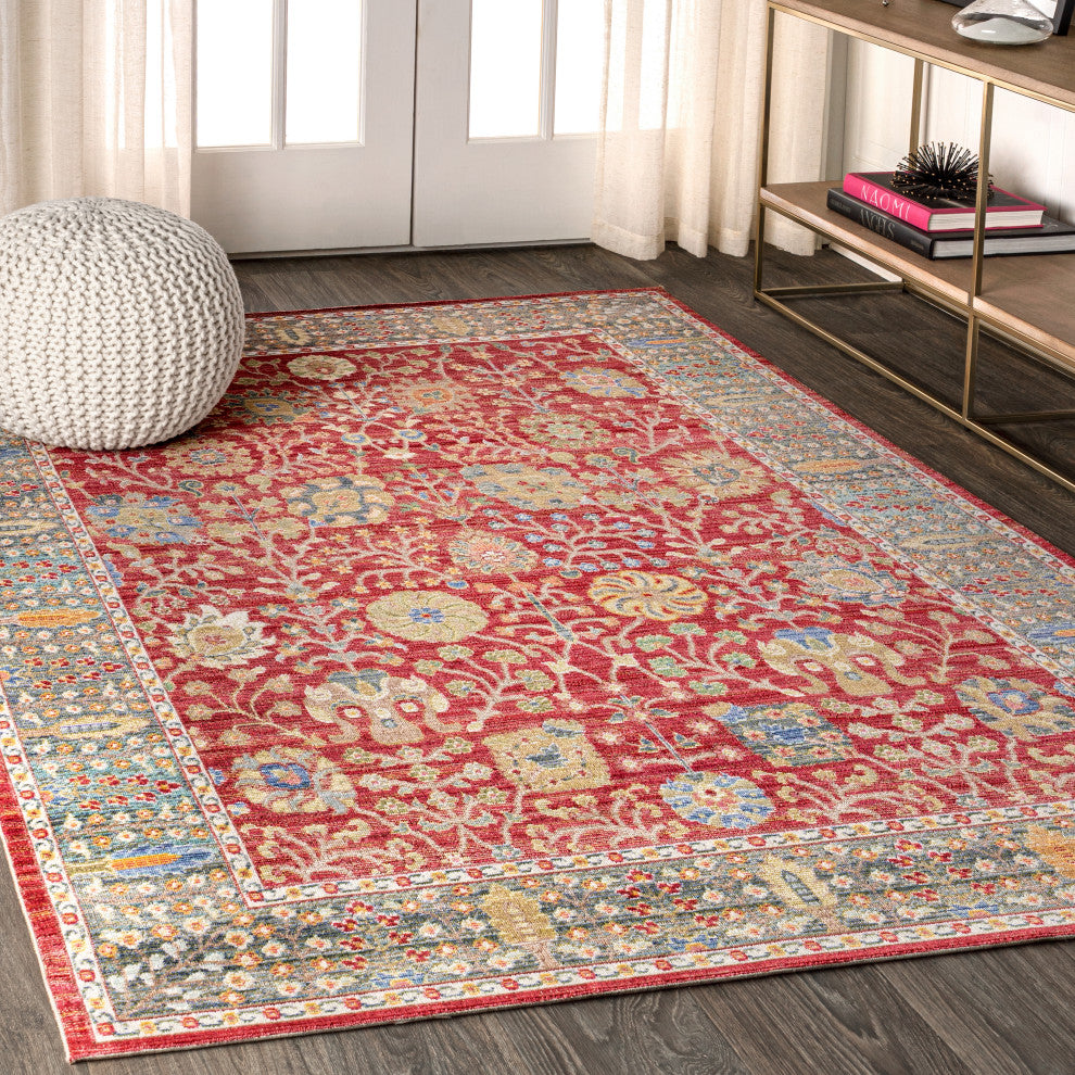 India Flower Area Rug, Burgundy, 8x10