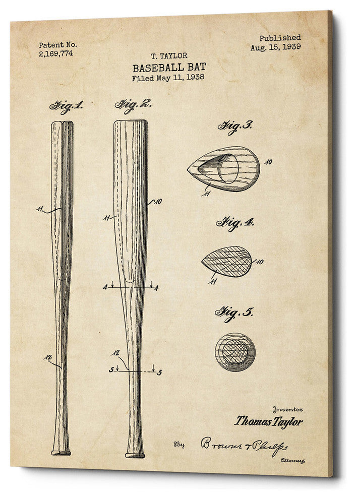 Epic Graffiti "Baseball Bat Blueprint Patent Parchment" Giclee Canvas, 12"x18"