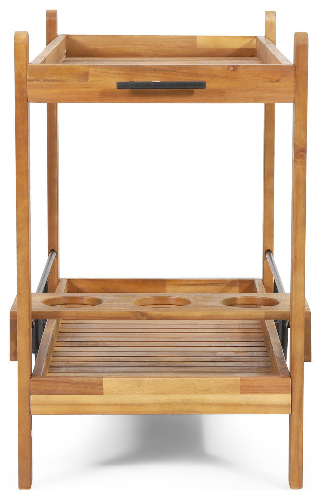 Bonneau Outdoor Acacia Wood 2 Tiered Bar Cart With Bottle Holders