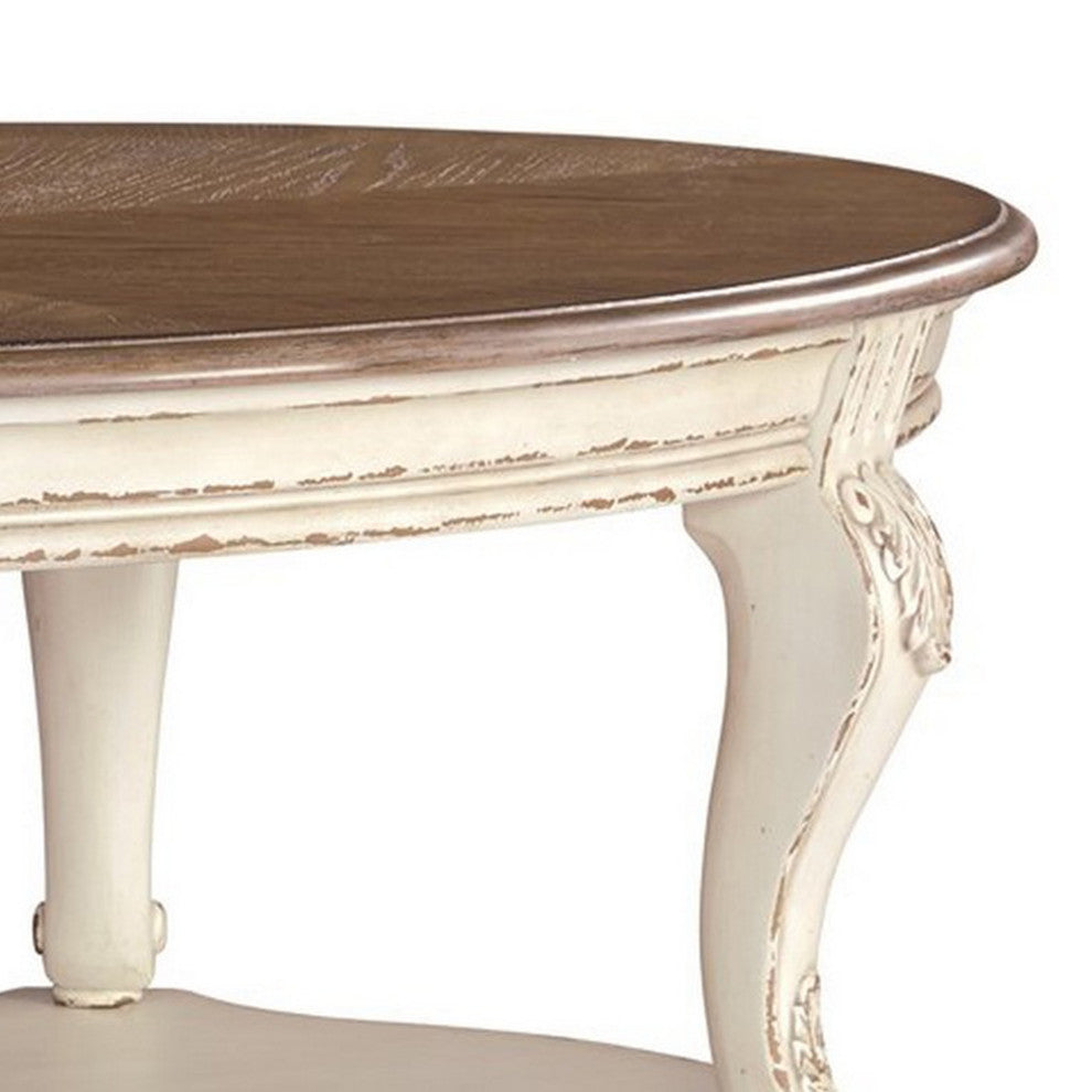 Benzara BM227591 Two Tone Oval Cocktail Table, Bottom Shelf, Antique White/Brown