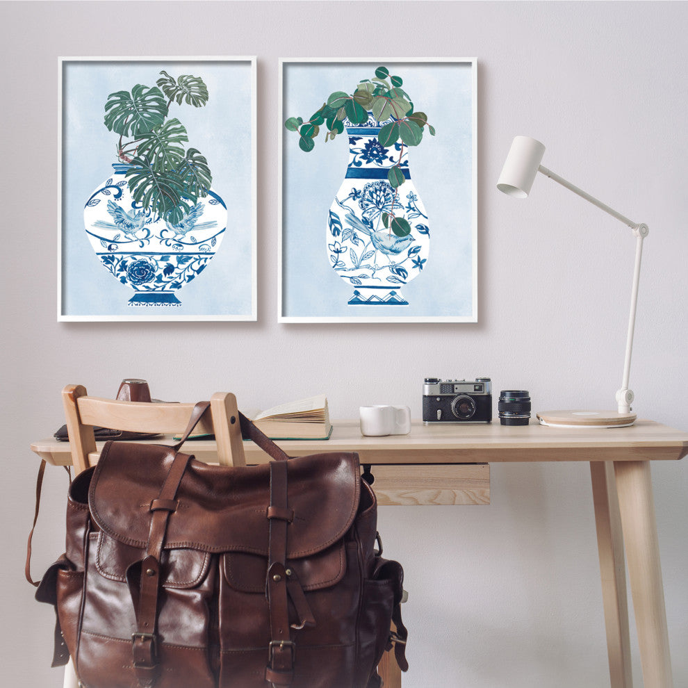 Elegant Indoor Plant Still Life Ornate Blue Vases,24 x 30