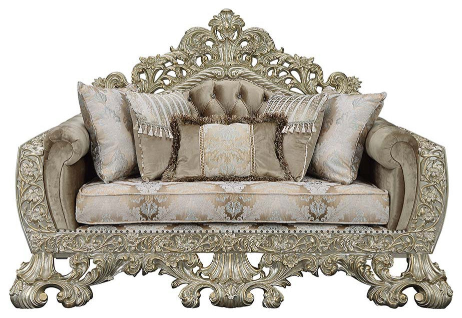 Acme Sorina Loveseat With 5 Pillows Velvet Fabric and Antique Gold Finish
