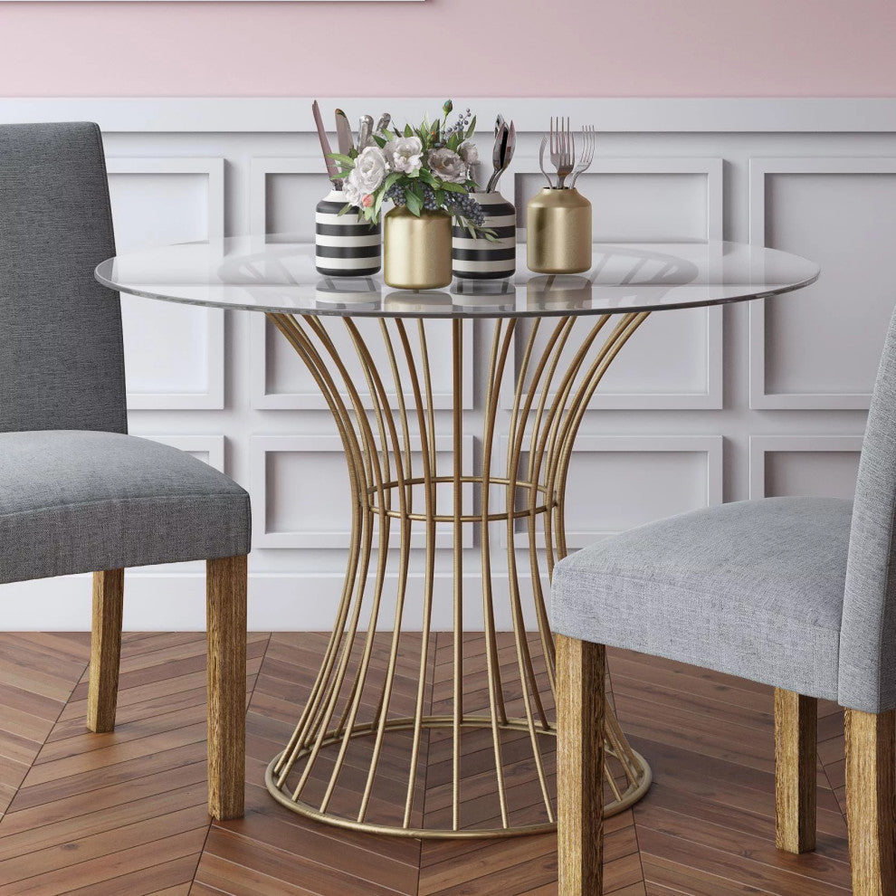 Modern Dining Table, Cage Like Brass Finished Base With Round Tempered Glass Top