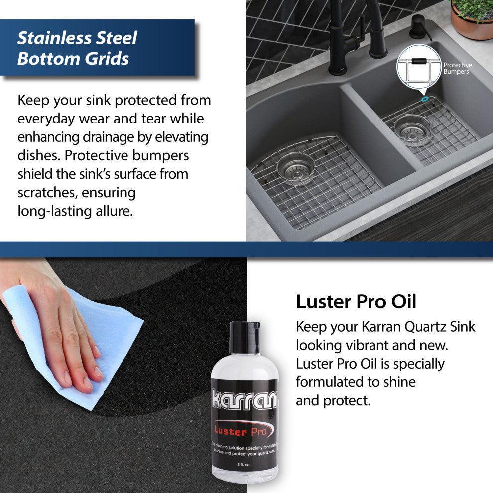 Karran Drop-In Quartz 33" 1-Hole 60/40 Double Bowl Sink Kit, Grey