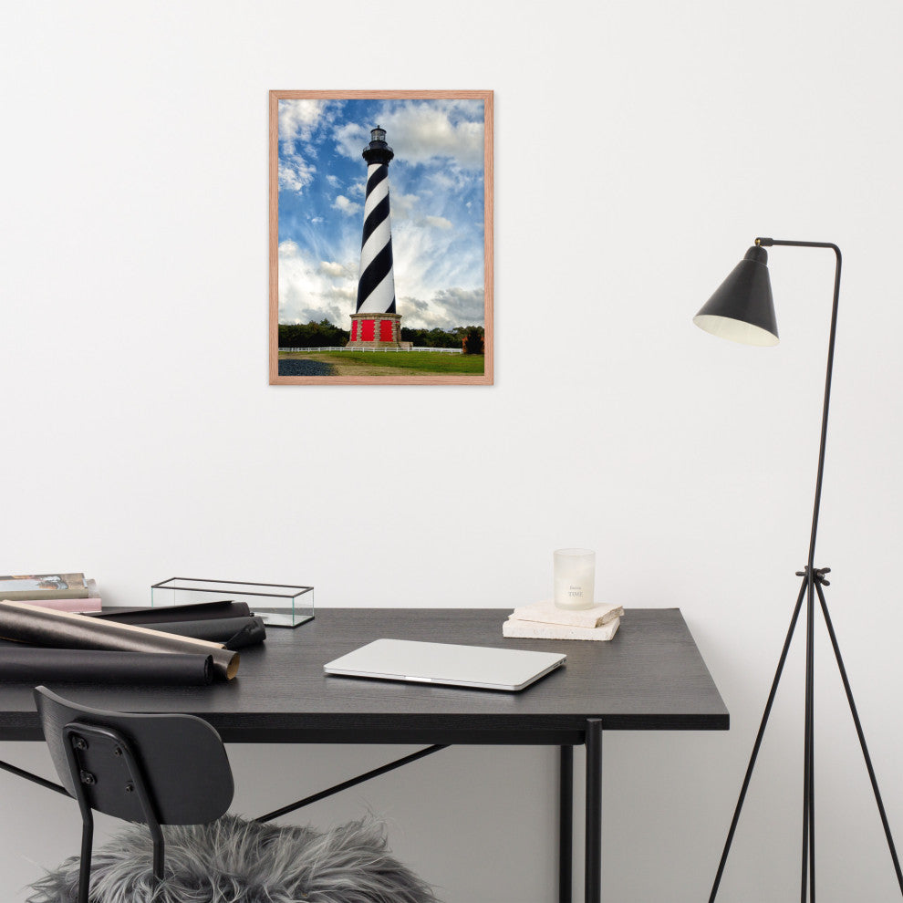 Cape Hatteras Lighthouse Coastal Landscape Framed Photo Paper Wall Art Prints, Red Oak, 18" X 24"