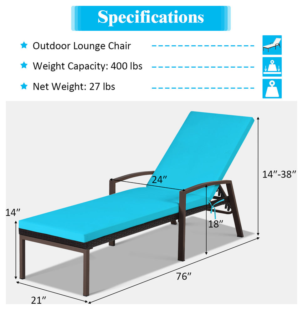 Costway Patio Rattan Lounge Chair Chaise Recliner Adjustable Cushion Turquoise