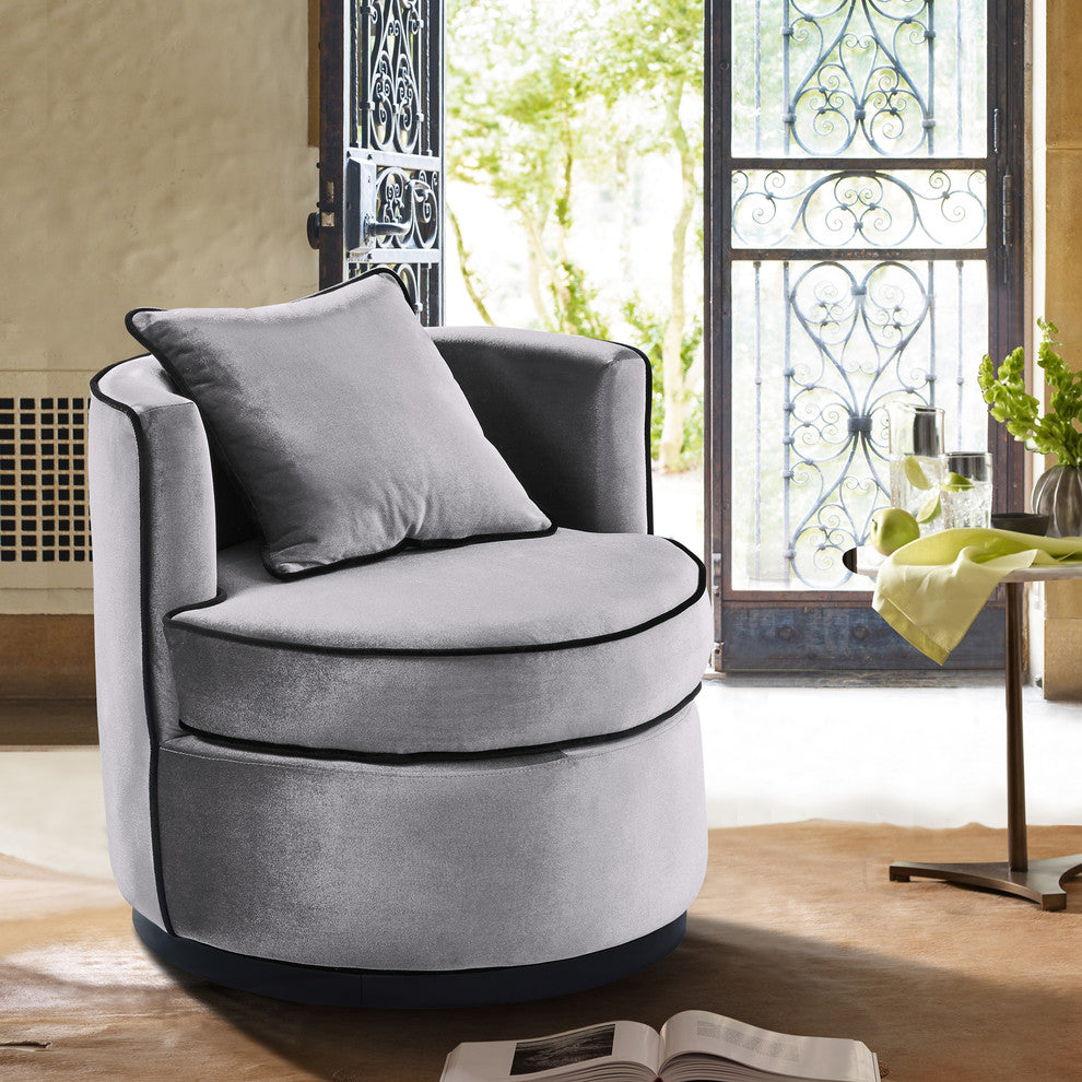 Belarus Swivel Chair, Gray Velvet and Black Velvet Piping