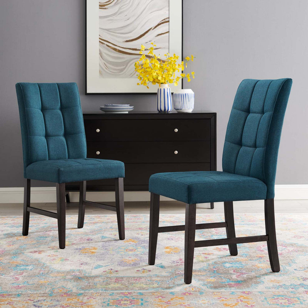 Tufted Side Dining Chair, Set of 2, Fabric, Wood, Blue, Cafe Bistro Restaurant