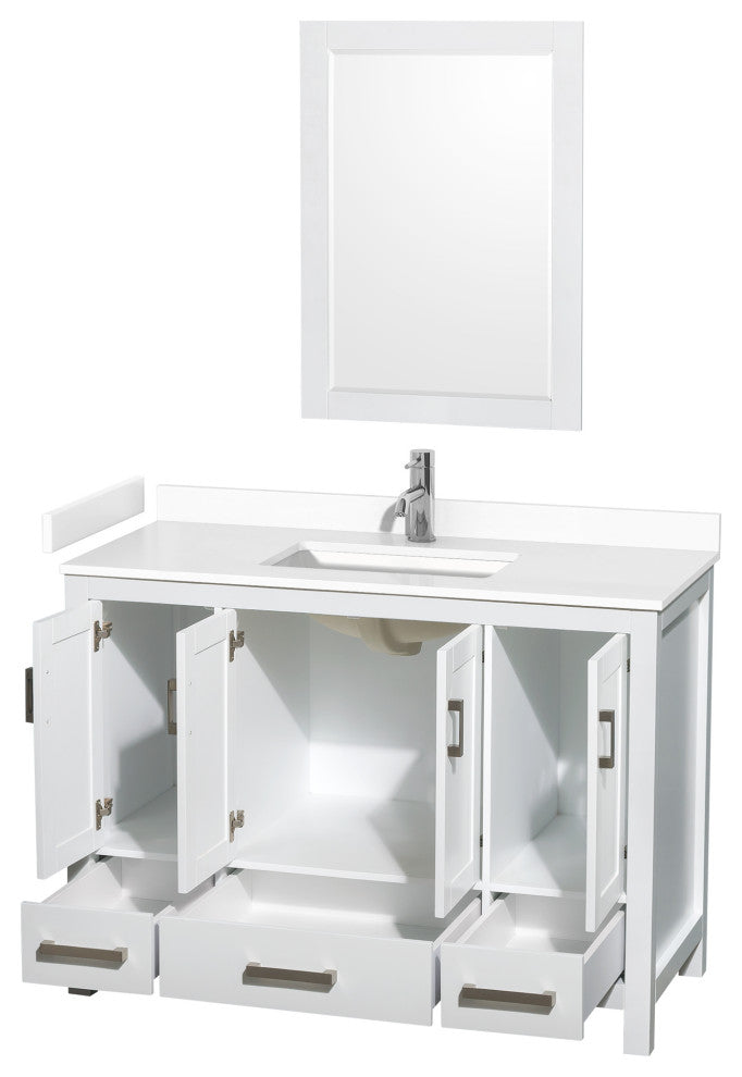 48"SGL Bathroom Vanity, White, White Cult. Marble Countertop, Sink, 24" Mirror