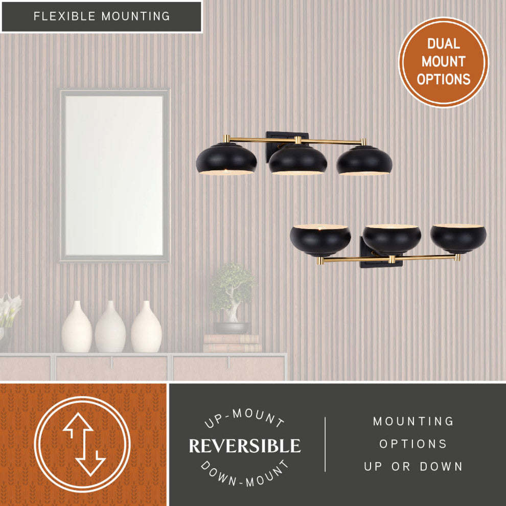 Belmont 3 Light Vanity Matte Black and Satin Brass