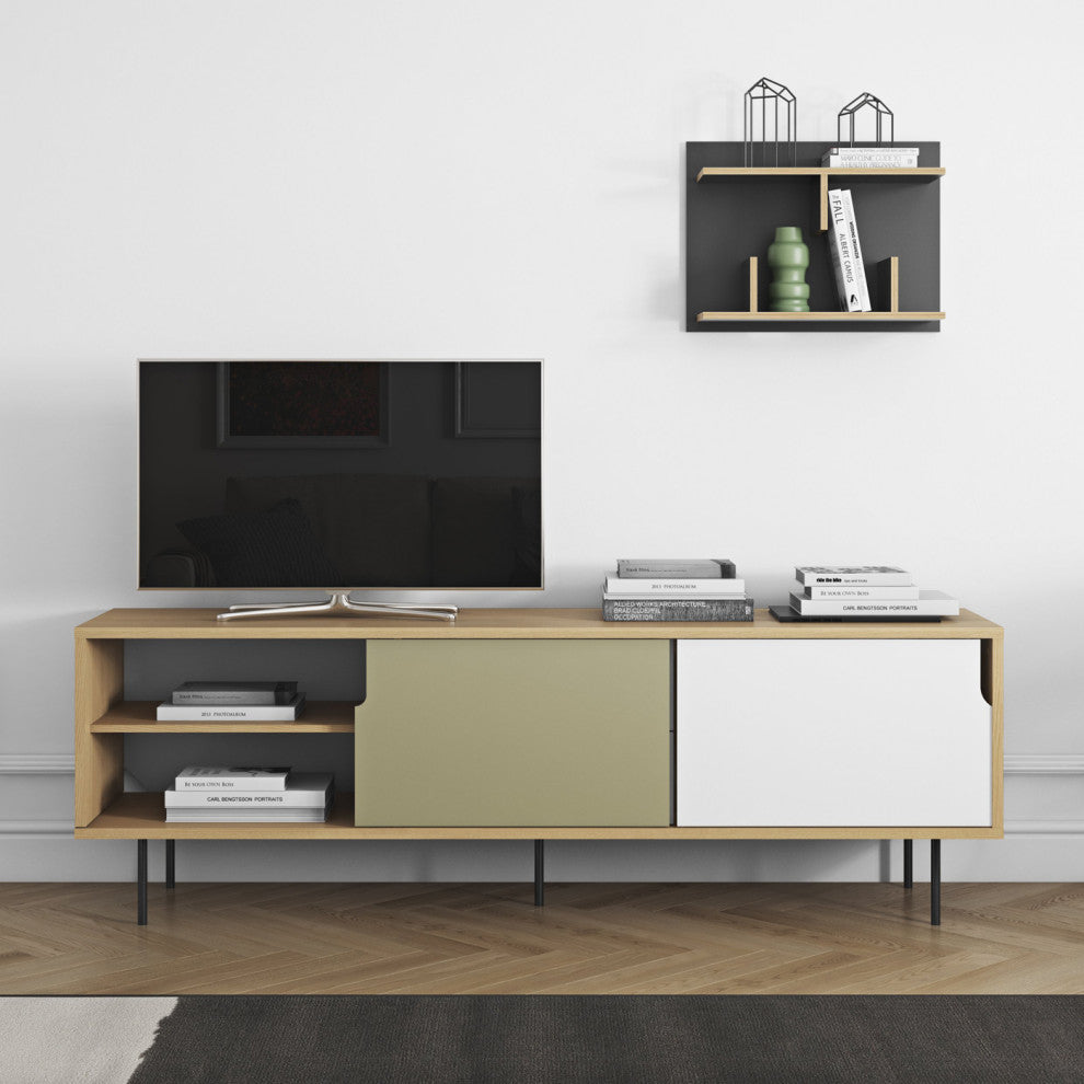 Modern Long Wood 2 Tone Sideboard , White/Grey Door, Steel Leg
