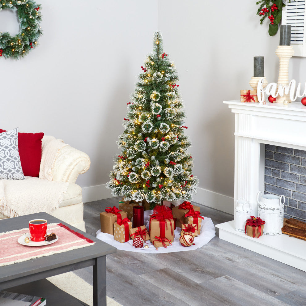 5' Frosted Swiss Pine Faux Christmas Tree With 200 Clear LED Lights and Berries