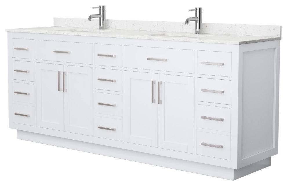 Beckett TK 84" Double Vanity, Cultured Top, Nickel Trim