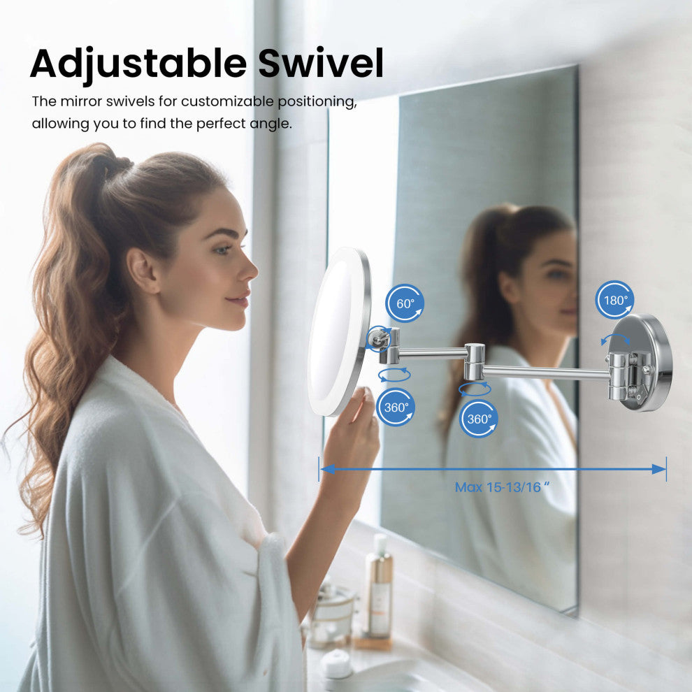 Circular LED Wall Mount One Side 5x Magnifying Make Up Mirror, Chrome
