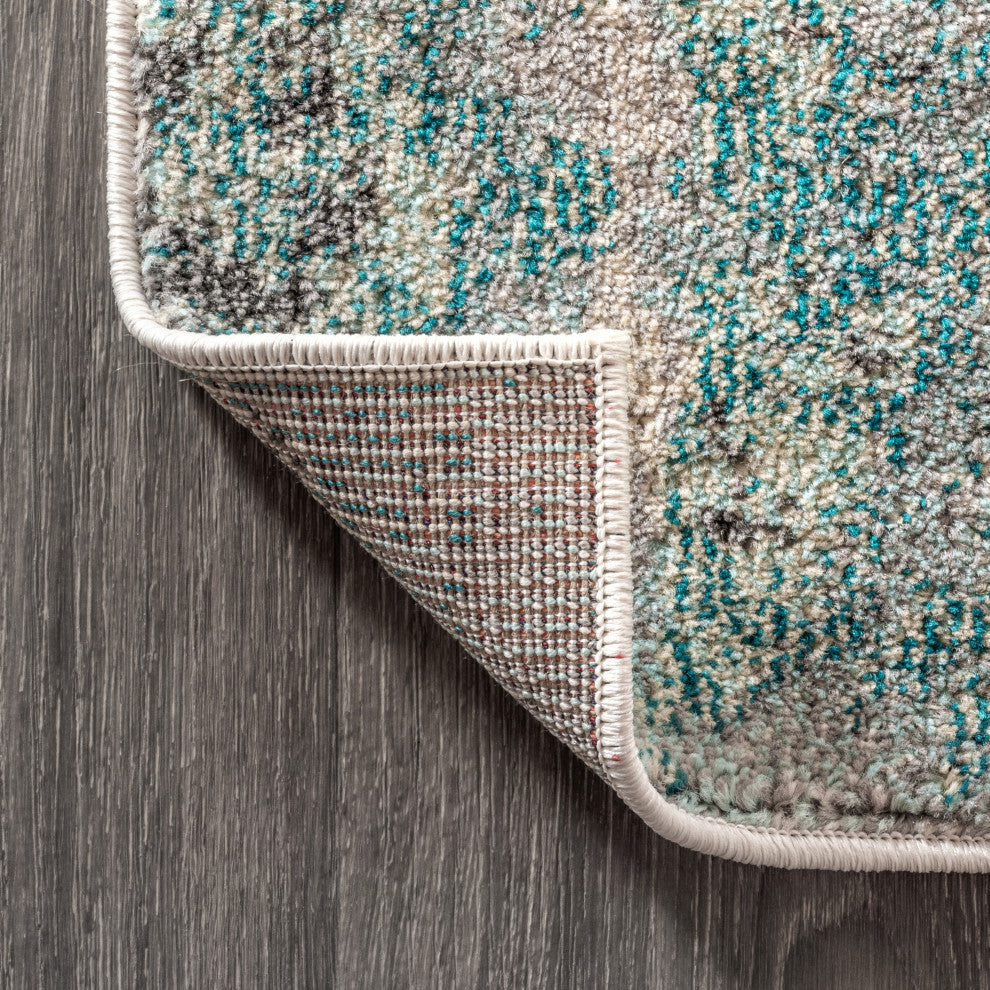 Contemporary POP Modern Abstract Vintage Area Rug, Cream/Blue, 7'10" Square