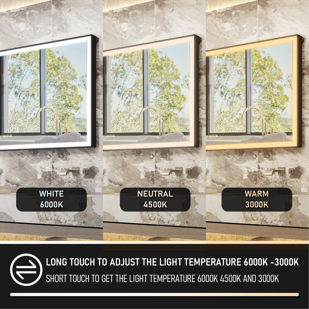 Framed LED Mirror, Dimmer, Defogger, Color Temperature, Matte Black, 72"x36"