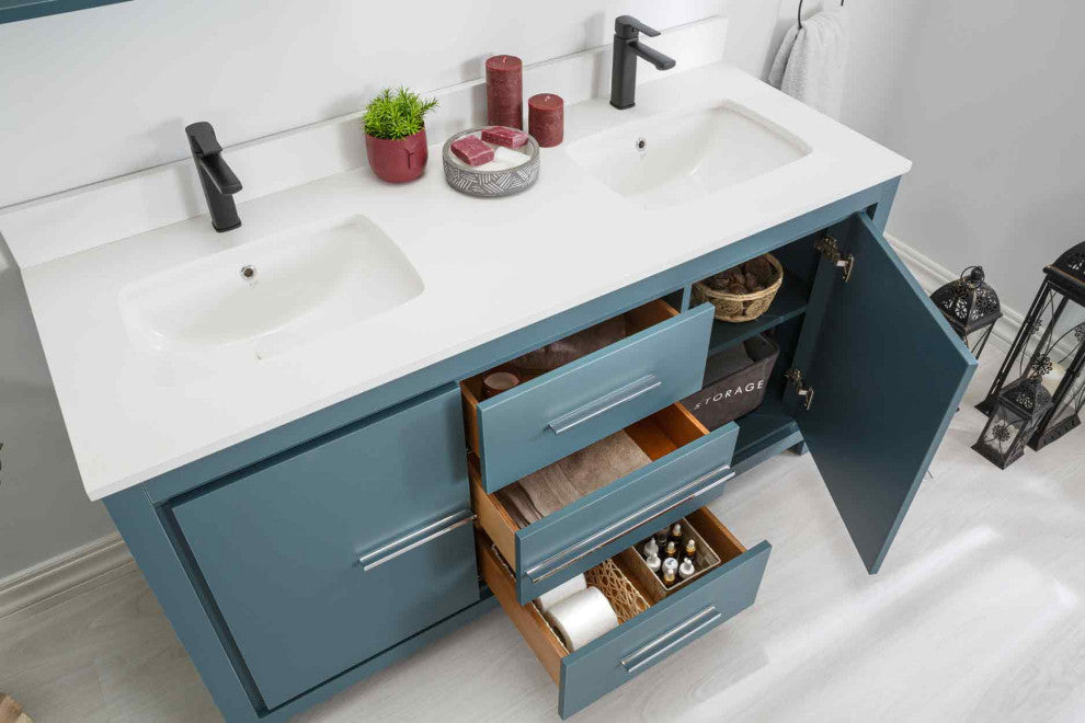 Mila Collection 60" Bathroom Vanity With Sink, Mirror, Countertop, Alasca Blue
