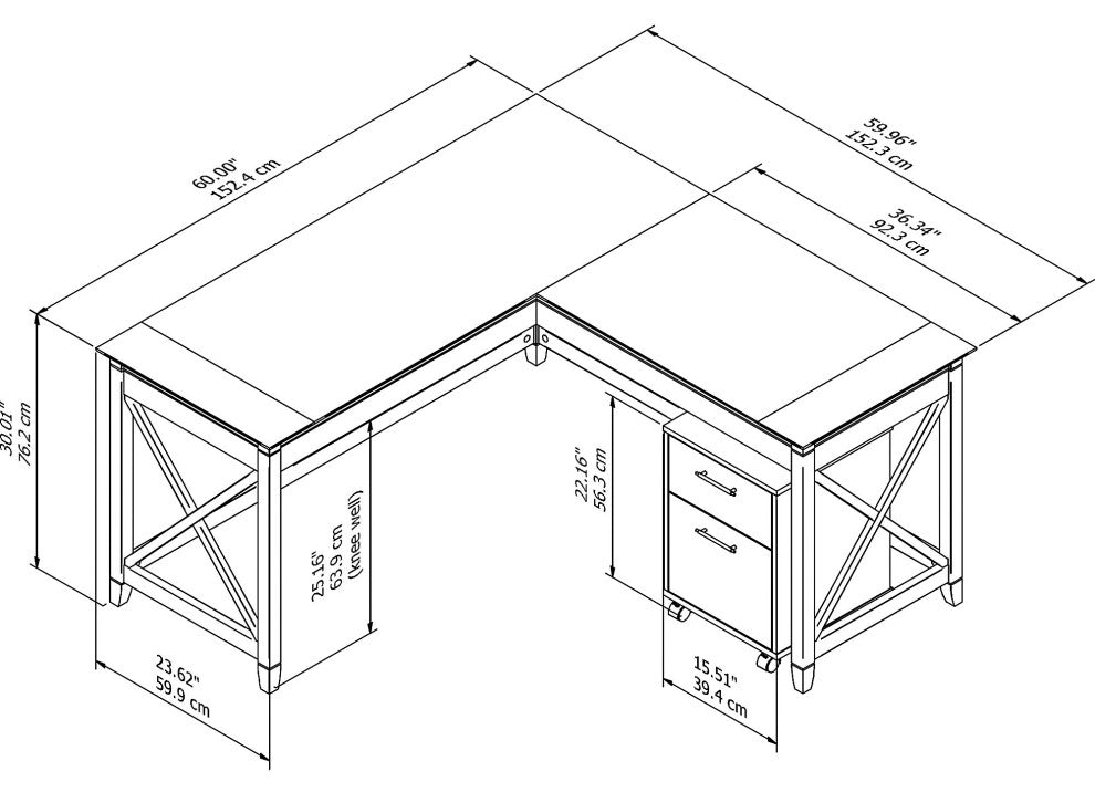Key West 60W L-Shaped Desk With 2 Drawer Mobile File Cabinet