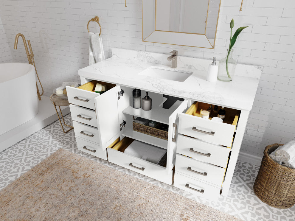 Malibu 60 Single Sink Bathroom Vanity in White  1.5" White Quartz