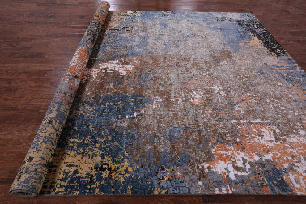 10' 2" X 14' 2" Wool and Silk Abstract Handmade Rug Q8863