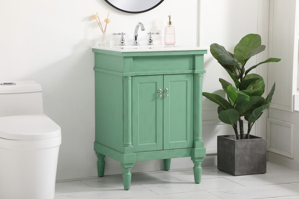 24" Single Bathroom Vanity, Vintage Mint With Ivory White Engineered Marble