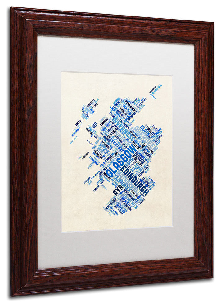 Michael Tompsett 'Scotland Text Map 3' Matted Framed Art, White Mat, 14"x11"
