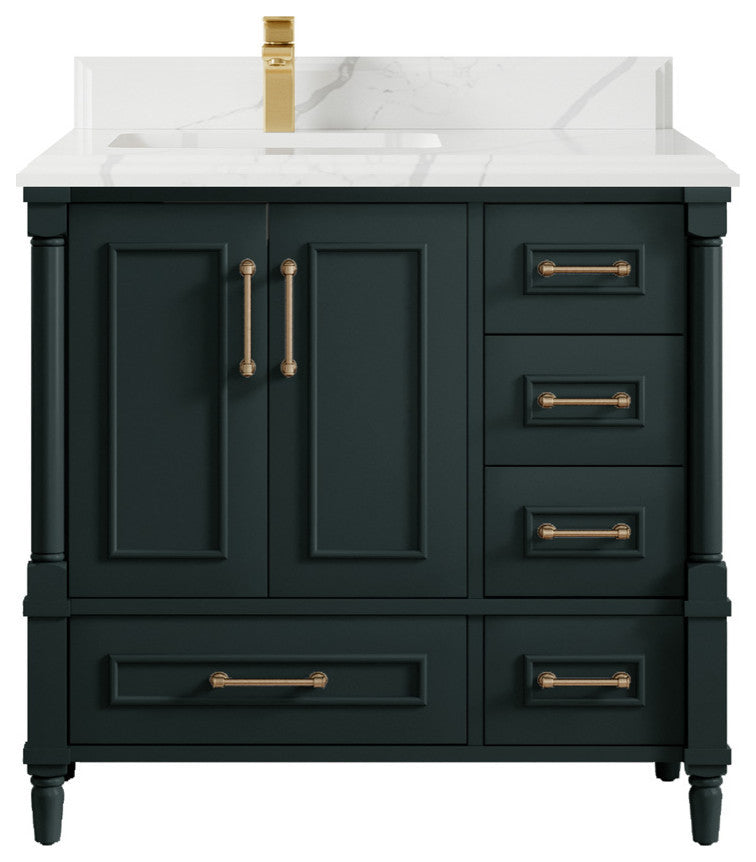 Aberdeen 36 Left Offset Bath Vanity in Dark Forest Green 1.5" Calacatta Laza