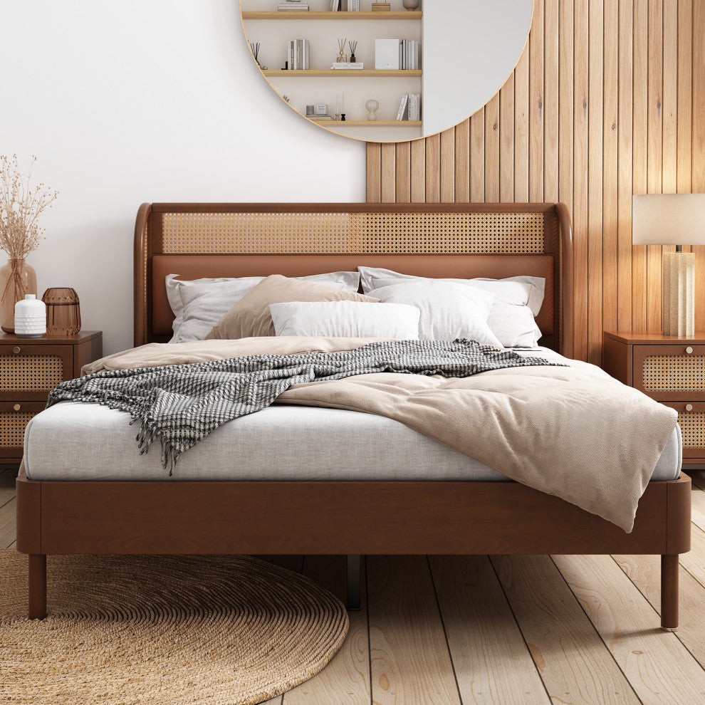 Black/Walnut Queen Wood Frame Platform Bed, Wingback Headboard, Walnut