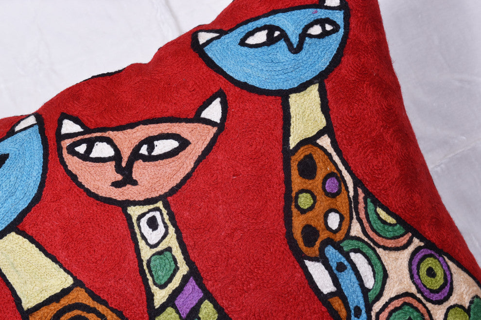 Red Cat Pillow Cover Kitty Face Cushions Wool Hand Embroidered Wool 18x18
