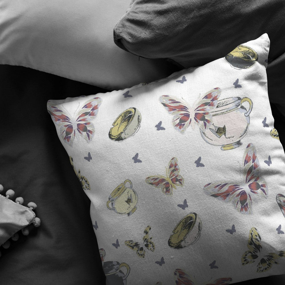 16" White Butterflies Decorative Suede Throw Pillow