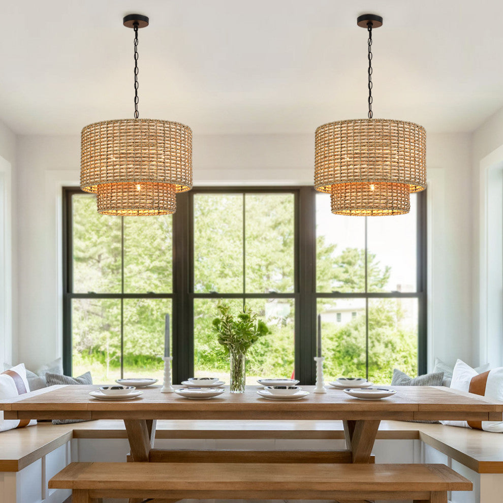 20" W 4-Light Rattan Tiered Drum Chandelier Light With Black Canopy