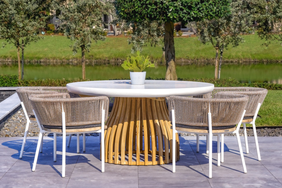 Melina Outdoor Wood, Aluminum and Rope Dining Chair, White Legs, Set of 2