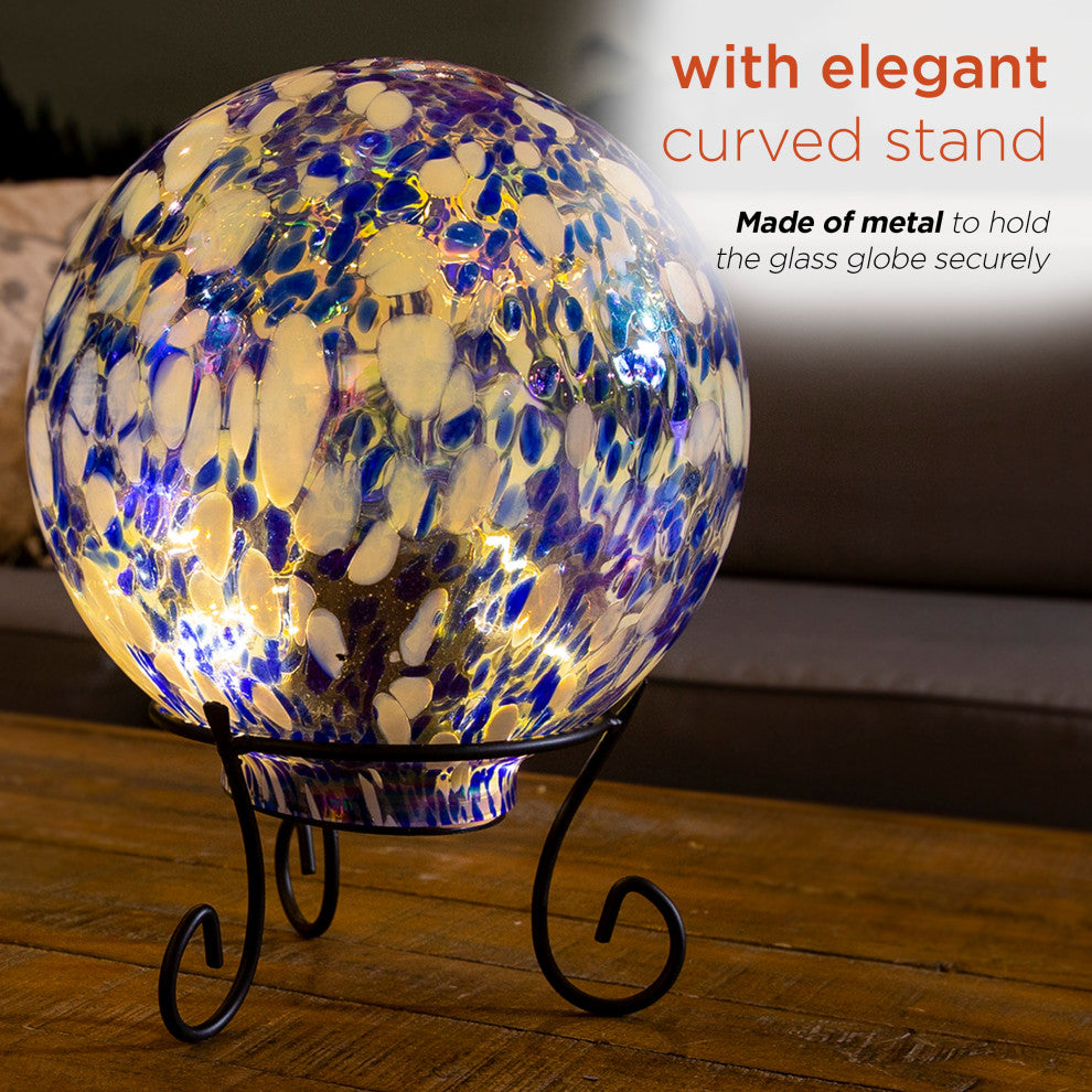 Alpine Blue & White Gazing Globe with LED Lights, 10 Inch Tall