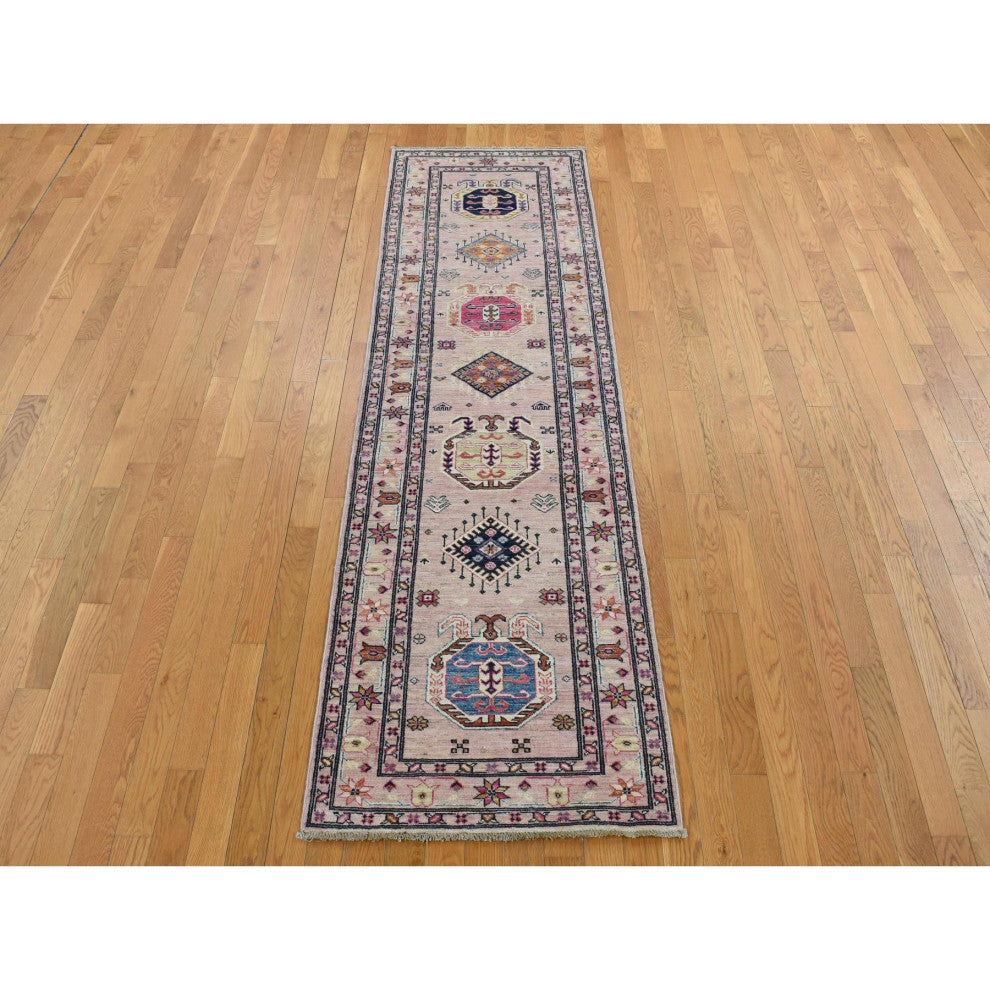 Pastel Pink Hand Knotted Afghan Super Kazak Pure Wool Runner Rug, 2'8"x8'10"