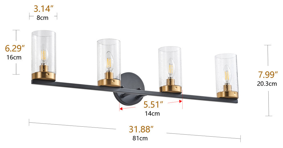 Black 4-Light Clear Cylinder Glass Design Bathroom Vanity Light