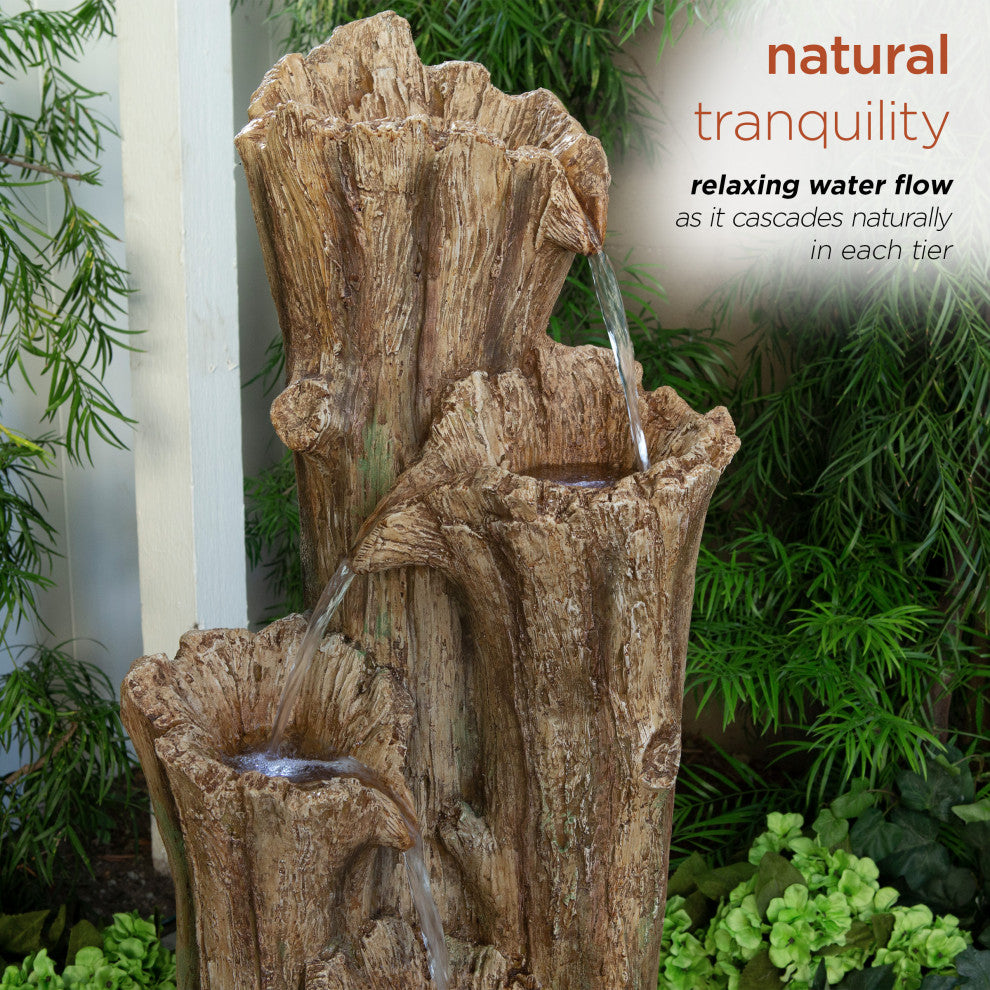 3-Tier Cascading Tree Bark Fountain with LED Lights