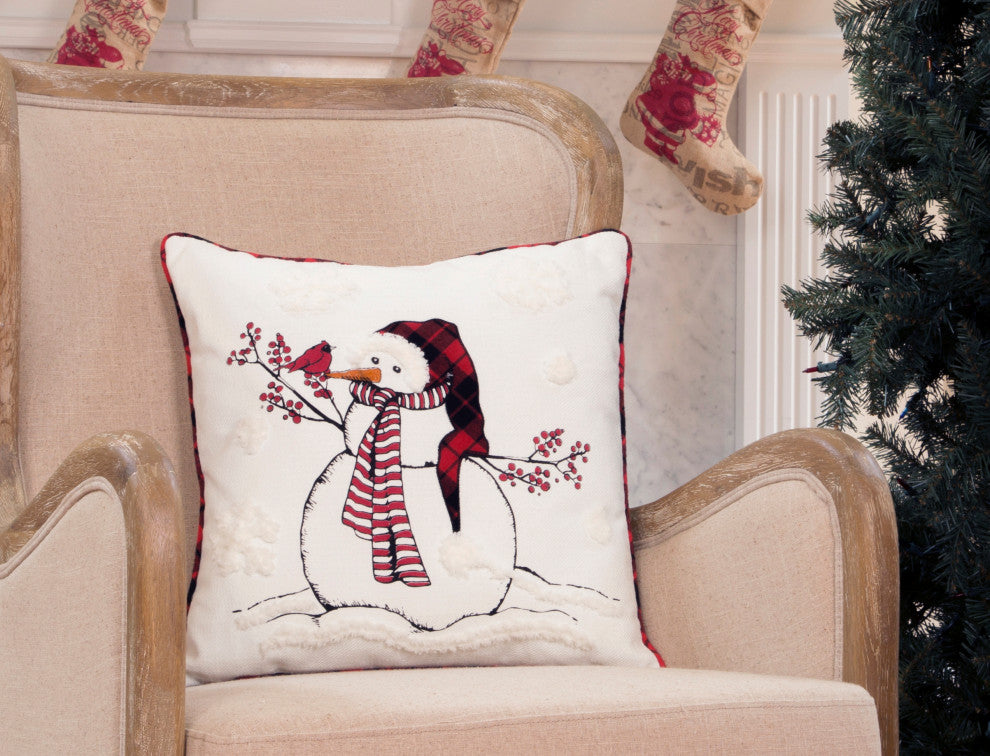 Snowman Christmas Pillow With Softy Tufted Snow Embroidered, 18"x18"